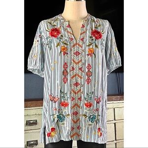 Johnny Was Effortless Cara Puff Sleeve Striped Tunic Blouse Top NWT New XS